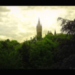 The University of Glasgow tower viewed from Kelvingrove Park.